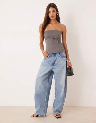 Asos Design Jersey Twill Tie Waist Bandeau Top In Gray