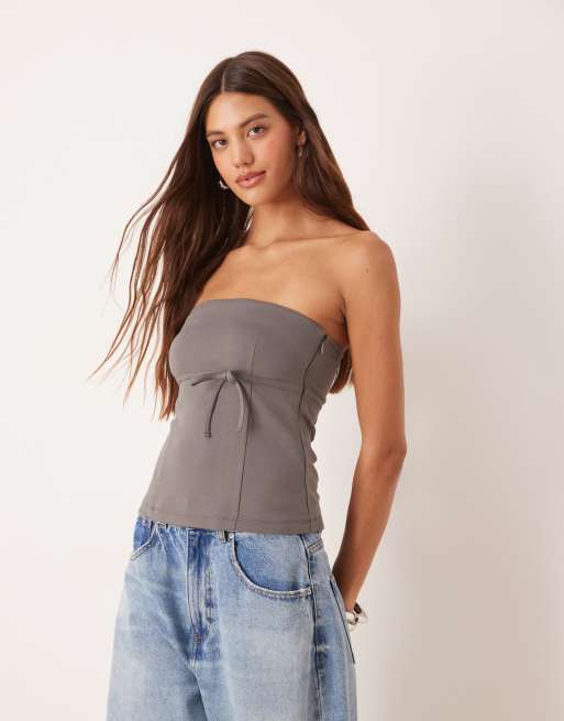 ASOS DESIGN jersey twill tie waist bandeau top in dark grey