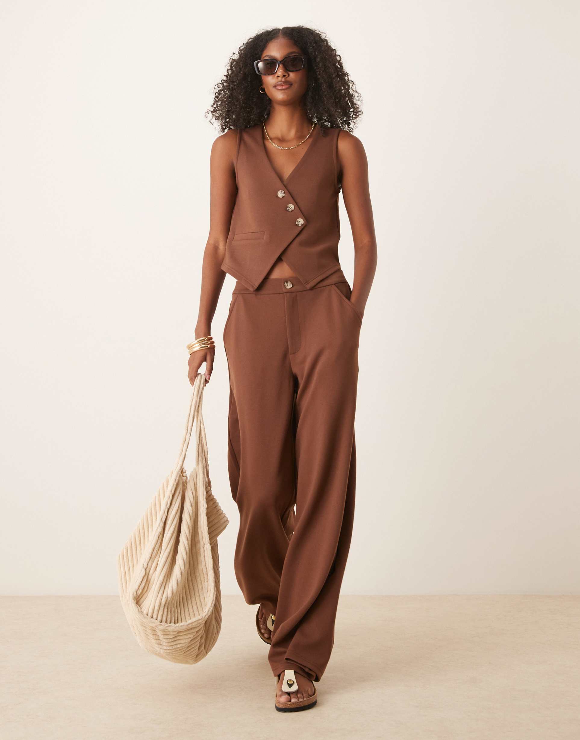 asos design jersey twill wide leg pants in chocolate - part of a set