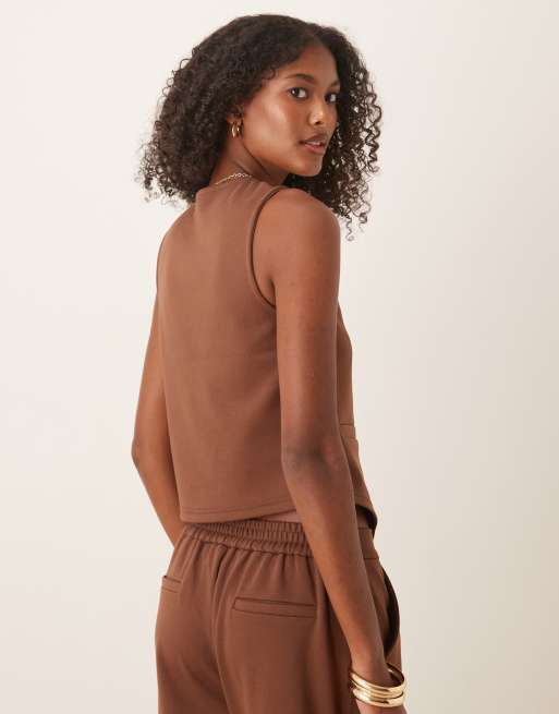 ASOS DESIGN jersey twill asymmetric vest top in chocolate - part of a set, 3 of 4