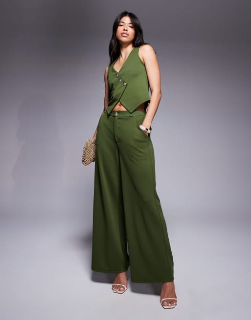 ASOS DESIGN jersey twill asymmetric waistcoat top in olive (part of a set), 2 of 4