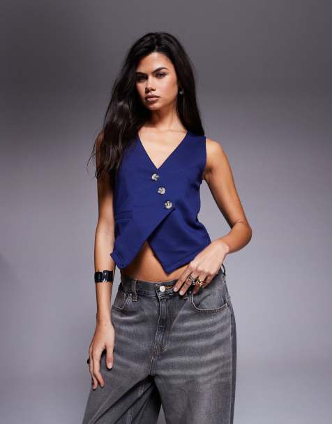 ASOS DESIGN jersey twill asymmetric waistcoat top in navy - view 1