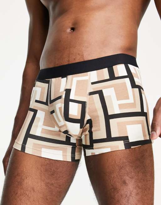 ASOS DESIGN – Jersey-Unterhose in Beige mit abstraktem Muster