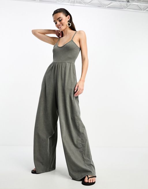 ASOS DESIGN pleat front satin jumpsuit with chain strap in sand