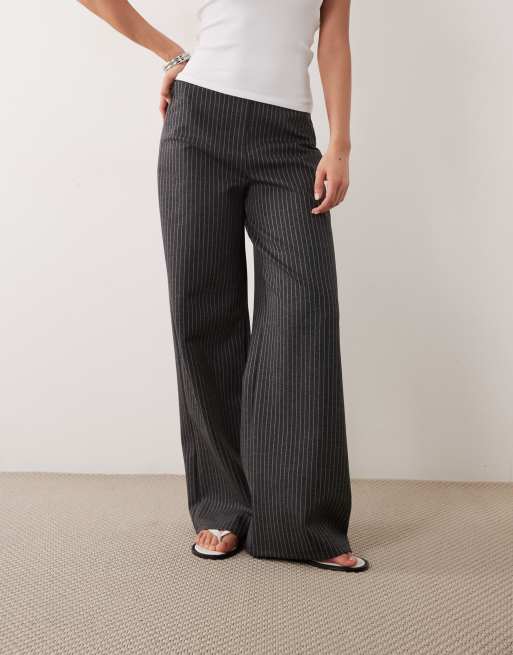 ASOS DESIGN jersey wide leg trouser co-ord with lace trim in navy pinstripe, 2 of 5
