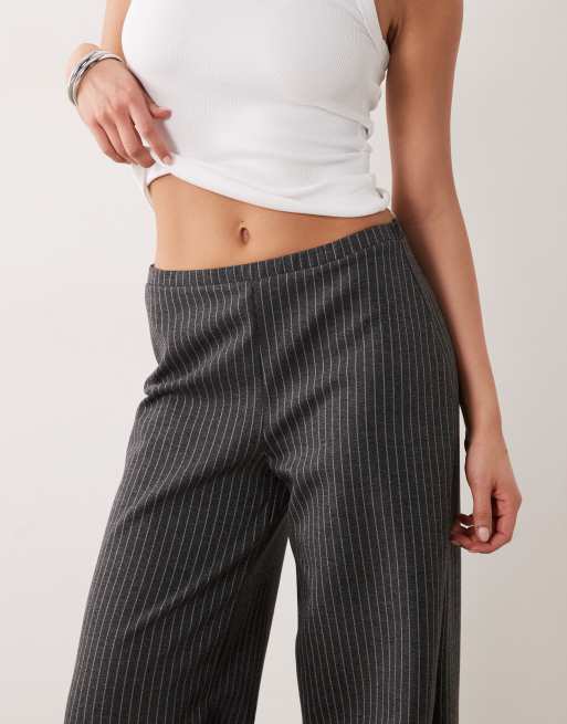 ASOS DESIGN jersey wide leg trouser co-ord with lace trim in navy pinstripe, 3 of 5