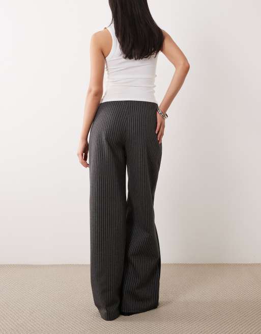 ASOS DESIGN jersey wide leg trouser co-ord with lace trim in navy pinstripe, 5 of 5