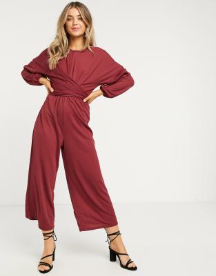 asos design wrap front jersey jumpsuit with short sleeve