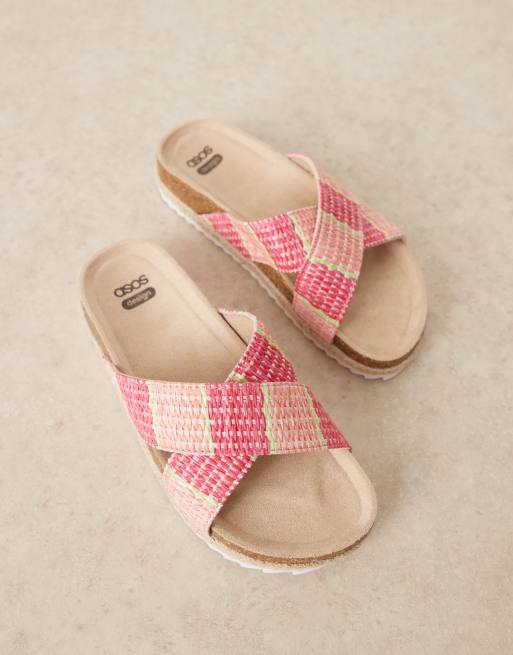 ASOS DESIGN Jessica cross strap espadrille mule sandals in pink raffia, 2 of 4