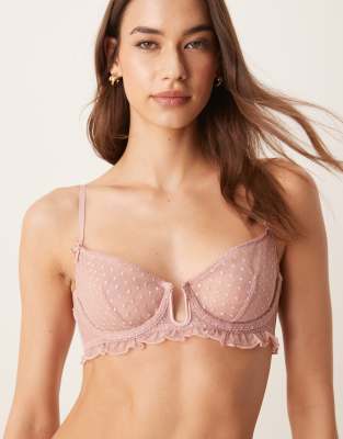 ASOS DESIGN - Jessie - Bügel-BH aus Netzstoff in Staubrosa mit Punkt-Stickereien und Rüschen-Keine Farbe