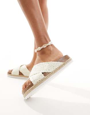 ASOS DESIGN Jessie flatform cross strap espadrille sandals in off-white crochet