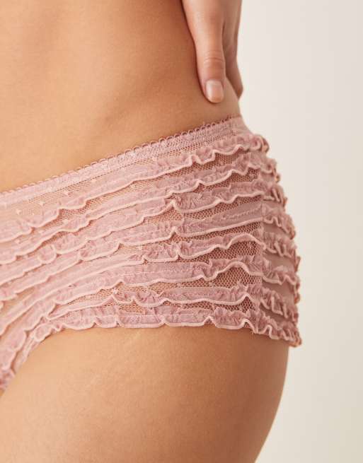 ASOS DESIGN Jessie polka dot embroidery frill mesh hipster shorts in dusty pink, 2 of 4