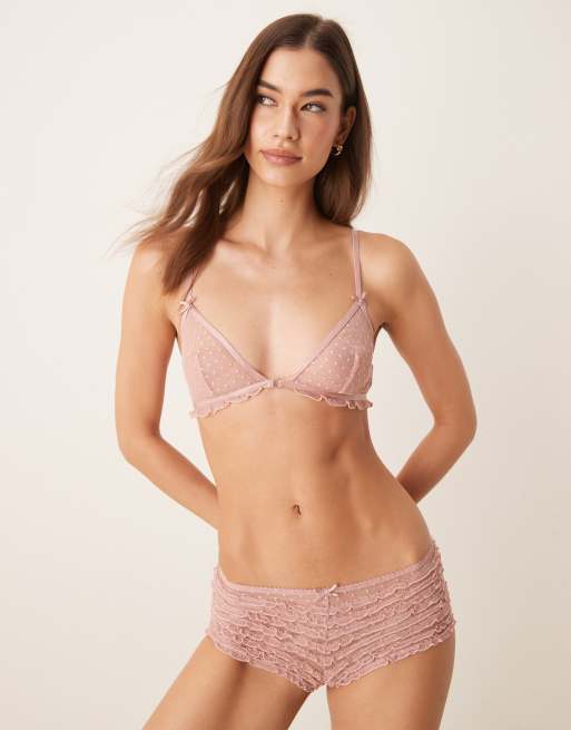ASOS DESIGN Jessie spot embroidery frill soft triangle bra in dusty pink, 4 of 4
