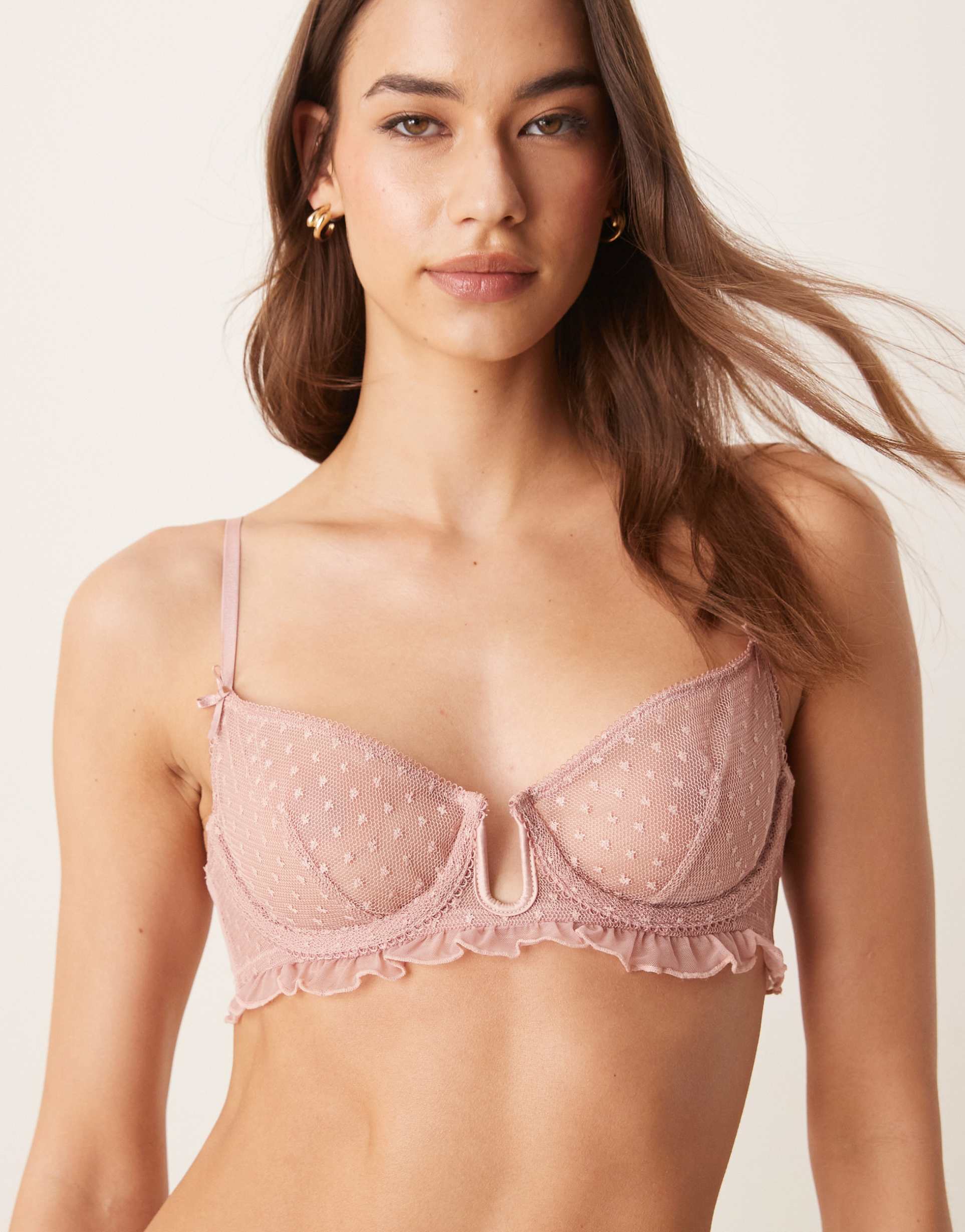 asos design jessie spot embroidery frill underwire bra in dusty pink