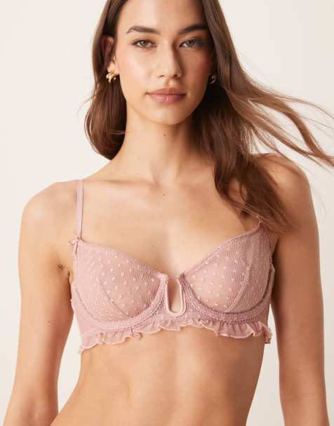 ASOS DESIGN Jessie spot embroidery frill underwired bra in dusty pink