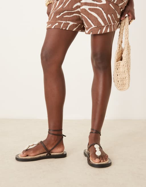 ASOS DESIGN Jewel footbed espadrille sandals in chocolate with white marble trim