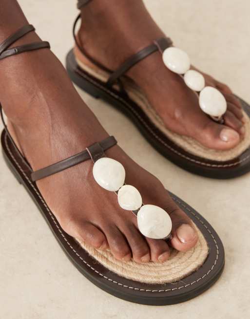 ASOS DESIGN Jewel footbed espadrille sandals in chocolate with white marble trim