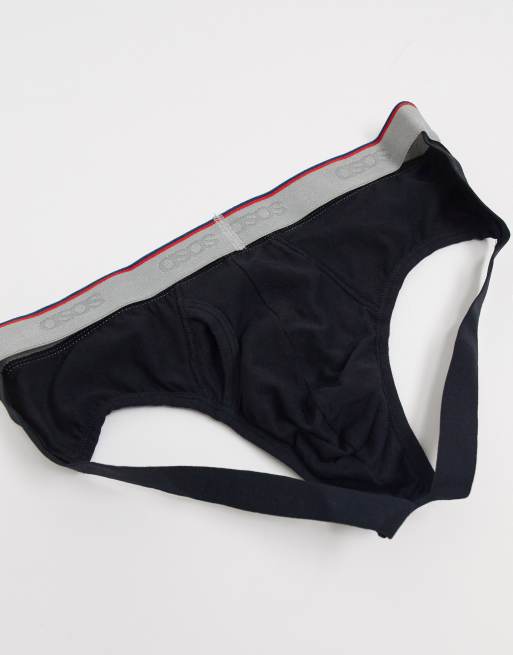 ASOS DESIGN jock strap in black with collegiate cut and sew branded