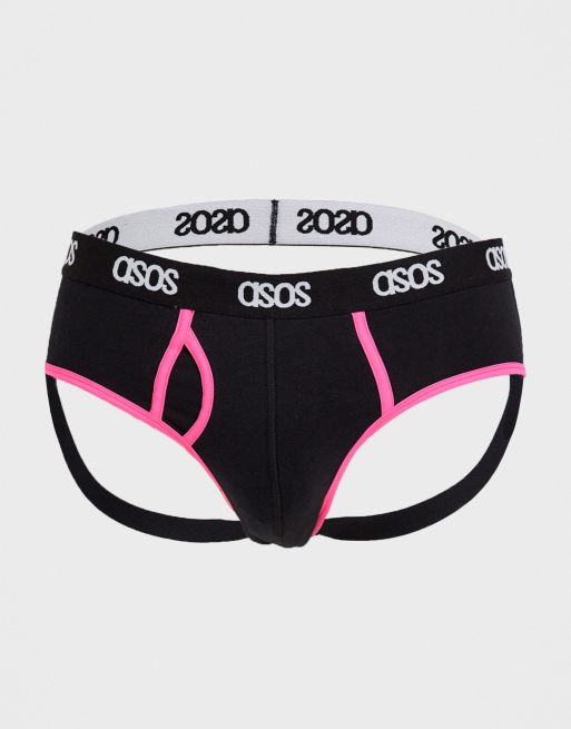 ASOS DESIGN 2 pack thong and jock strap in black with contrast