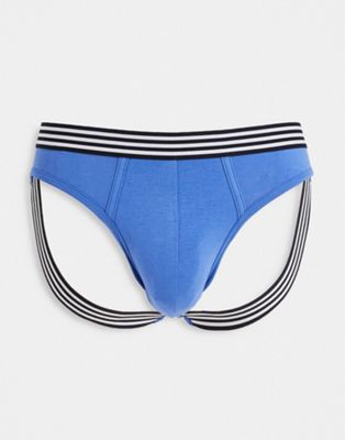 ASOS DESIGN jock strap in bright blue with striped waistband