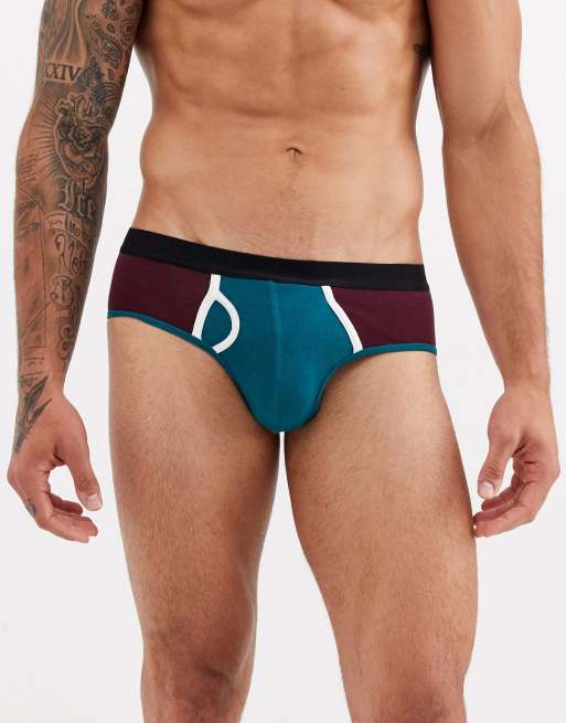 ASOS DESIGN jock strap in burgundy and khaki cut and sew in cotton