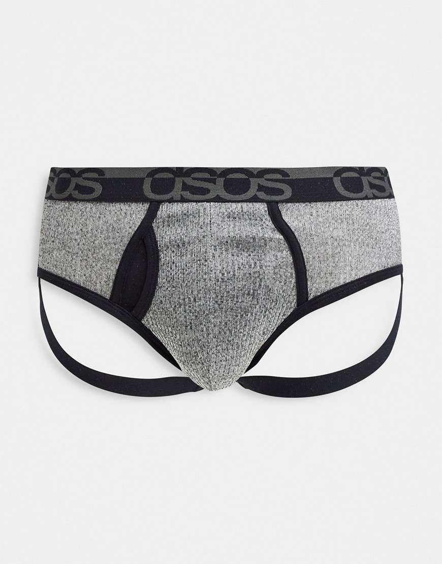 ASOS DESIGN jock strap in ribbed gray heather with branded waistband-Grey