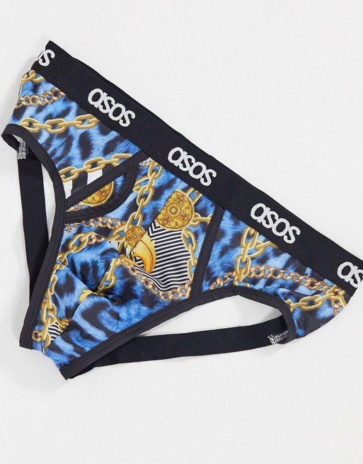 ASOS DESIGN jock strap with baroque print and branded waistband