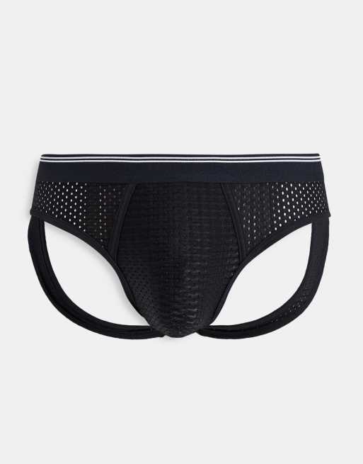 ASOS DESIGN jock strap in gray mesh with cut out panels