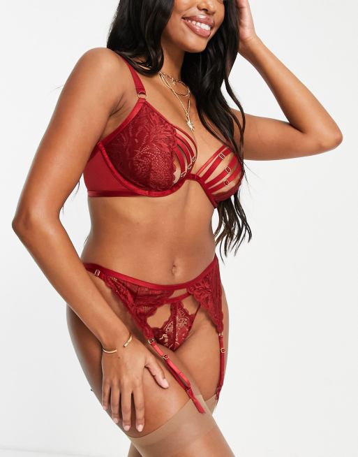 ASOS DESIGN – Jodie – Strumpfhalter aus Spitze in Rot mit Schiebern