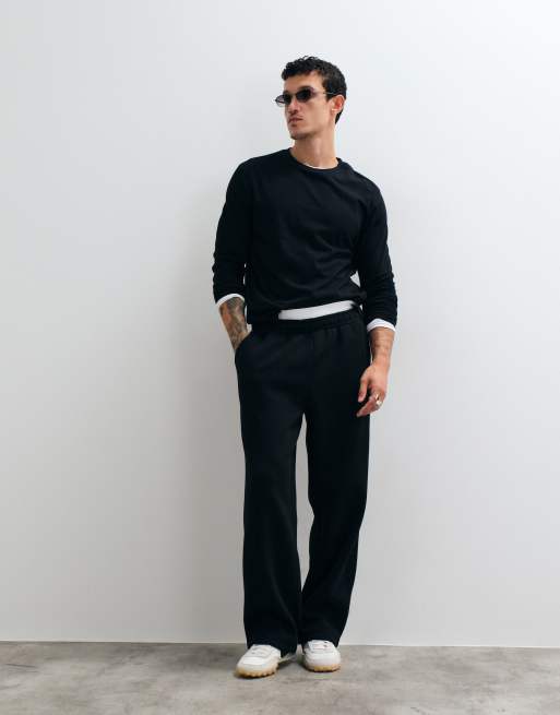 ASOS DESIGN jogger a gamba ampia con doppia fascia in vita nero, 3 di 5
