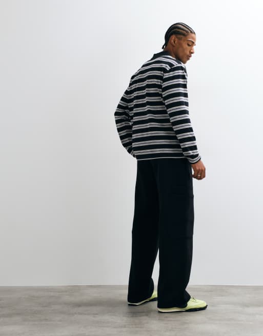 ASOS DESIGN jogger a gamba larga con tasche cargo sovrapposte in misto cotone nero slavato, 5 di 5
