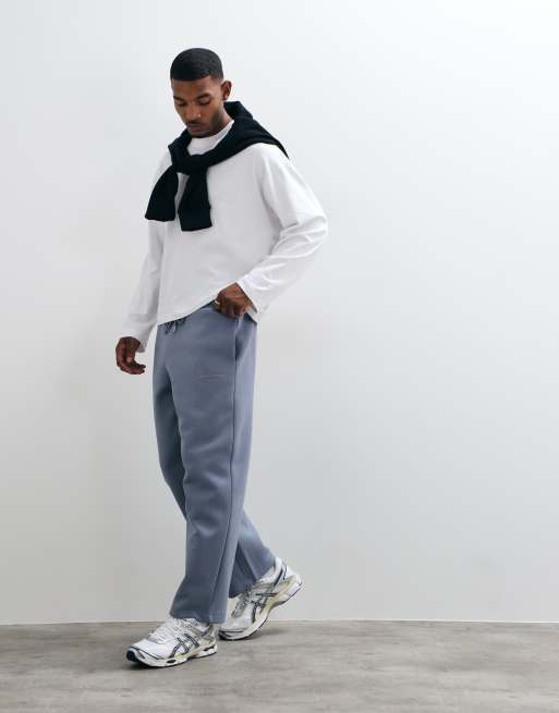 ASOS DESIGN jogger a gamba larga in tessuto scuba con ricamo blu, 2 di 5