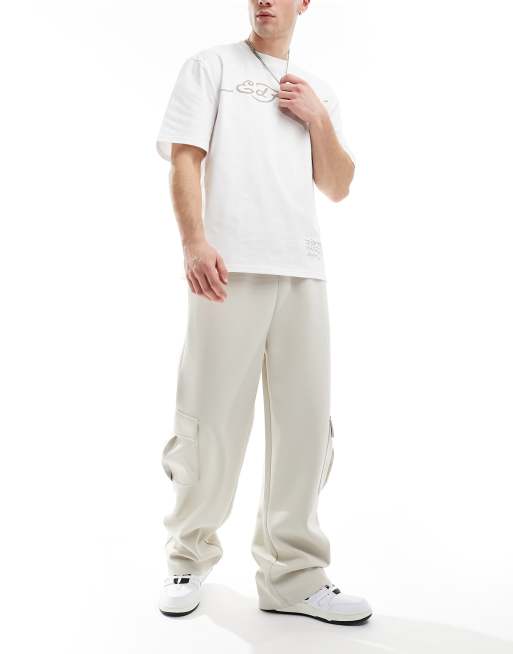 ASOS DESIGN - Joggers a fondo ampio beige con tasche stile cargo in tessuto scuba, 5 di 5