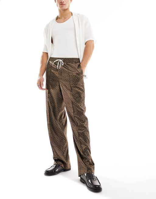 ASOS DESIGN - Joggers a fondo ampio eleganti marroni con motivo geometrico, 4 di 5
