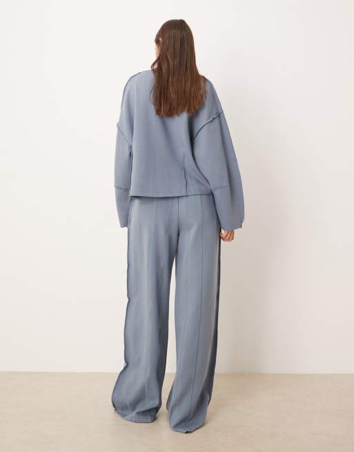 ASOS DESIGN - Joggers a fondo super ampio blu in tessuto interlock con cuciture a vista, 4 di 5