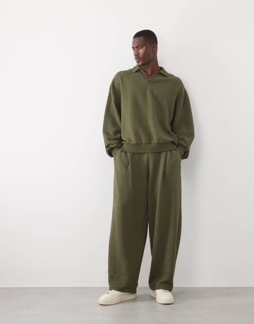 ASOS DESIGN - Coordinato verde oliva tratteggiato testurizzato con pantaloncini oversize e polo, 4 di 4