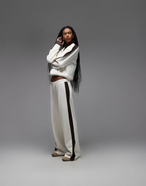 ASOS DESIGN - Joggers color crema in tessuto interlock con profili a contrasto color cioccolato in coordinato - view 1