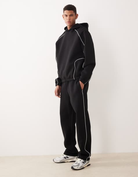 ASOS DESIGN - Joggers dritti in tessuto pesante effetto scuba neri con profili laterali a contrasto - view 1