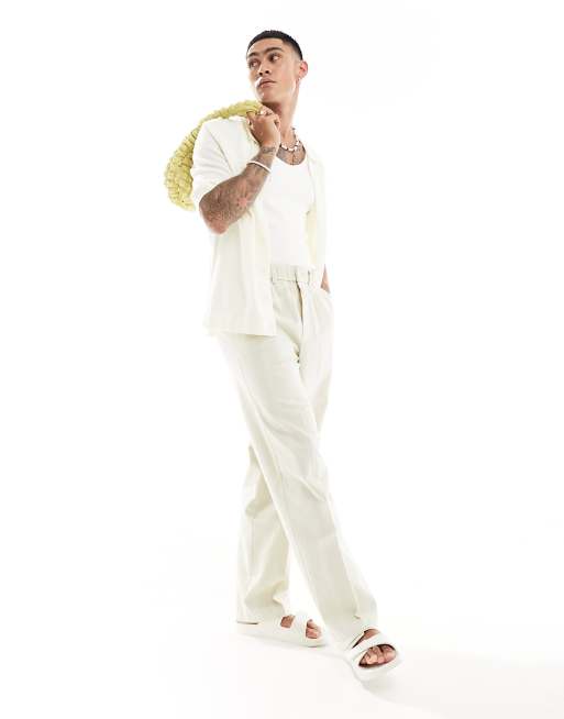 ASOS DESIGN - Joggers eleganti a fondo ampio in misto lino a righe in tonalità neutre