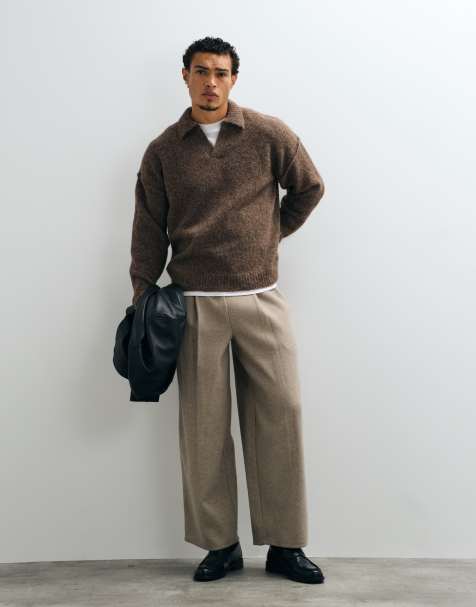 ASOS DESIGN joggers i bomuldstwill med brede ben i beige - view 1