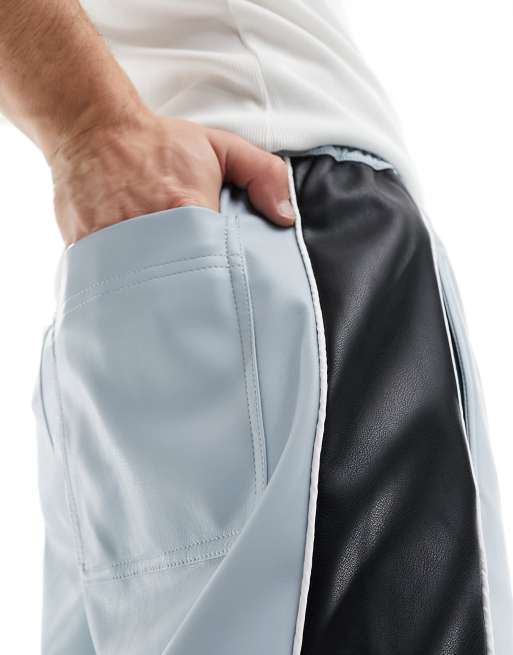 ASOS DESIGN - Joggers in pelle sintetica blu con striscia laterale, 3 di 5