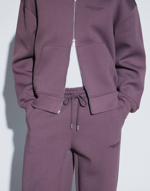 ASOS DESIGN joggers med brede ben i scuba-lignende stof og broderi i brun, 4 af 5