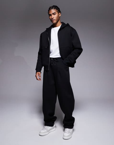ASOS DESIGN - Joggers pesanti a fondo ampio neri in tessuto effetto scuba con pinces - view 1