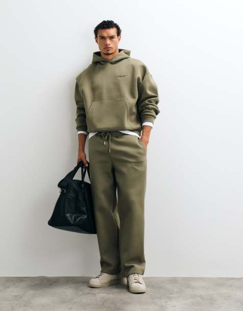 ASOS DESIGN joggery z szerokimi nogawkami z dzianiny nurek z haftem w oliwkowej zieleni - view 1