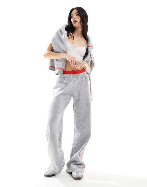 ASOS DESIGN - Joggingbroek met wijde pijpen in gemêleerd grijs met rood contrast