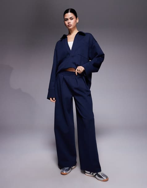 ASOS DESIGN – Jogginghose aus Interlock-Stoff in Marineblau mit weitem Bein, Kombiteil - view 1