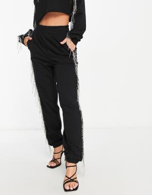 ASOS DESIGN - Jogginghose in Schwarz mit Strass-Fransen