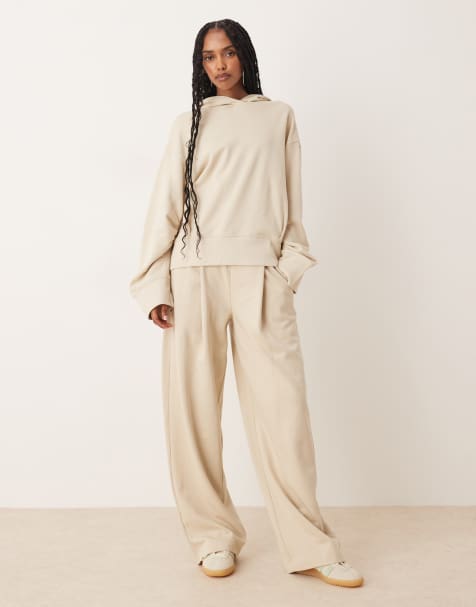 ASOS DESIGN – Jogginghose in Taupe mit abgerundetem Beinschnitt und Waffelstruktur-Einsatz, Kombiteil - view 1