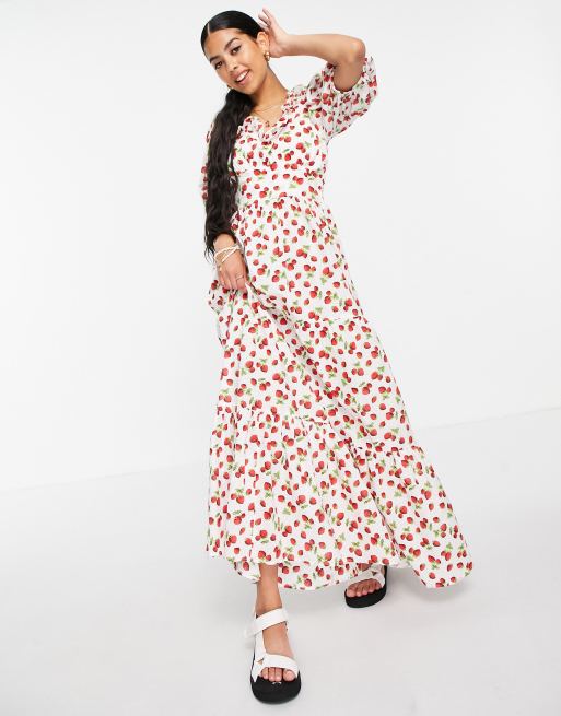 ASOS DESIGN – Jordgubbsmönstrad panelsydd maxiklänning med puffärmar