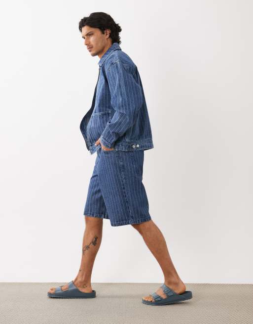 ASOS DESIGN - Jorts di jeans ampi lavaggio blu medio a righe in coordinato , 3 di 5